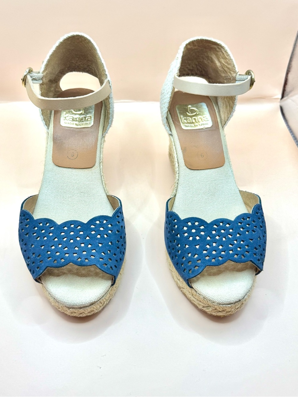Kanna Blue Suede Perforated Espadrille Wedge Sandals Sz 6 Made in Spain